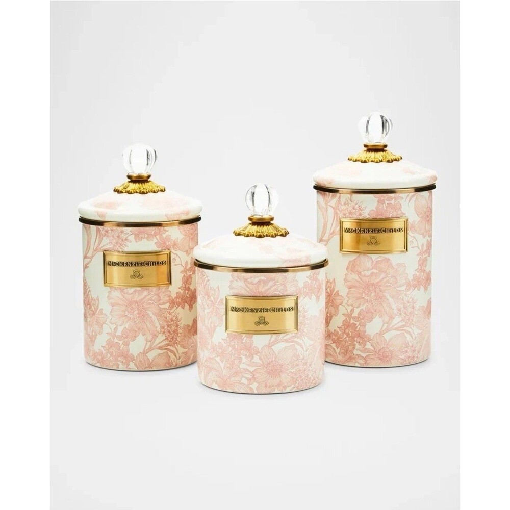 MacKenzie Childs Pink and White- Rosy English Canister 3 pc Set New